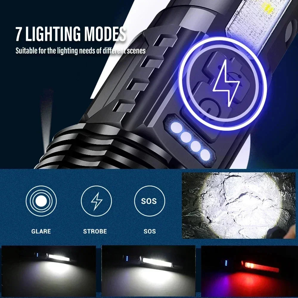 Type-C Rechargeable LED Flashlight – Zoomable 7-Mode Torch