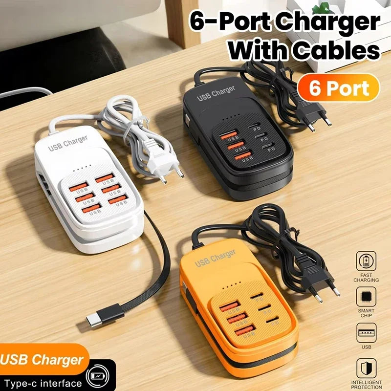 6-in-1 Desktop Charging Station | 3 PD USB-C & 3 USB-A Fast