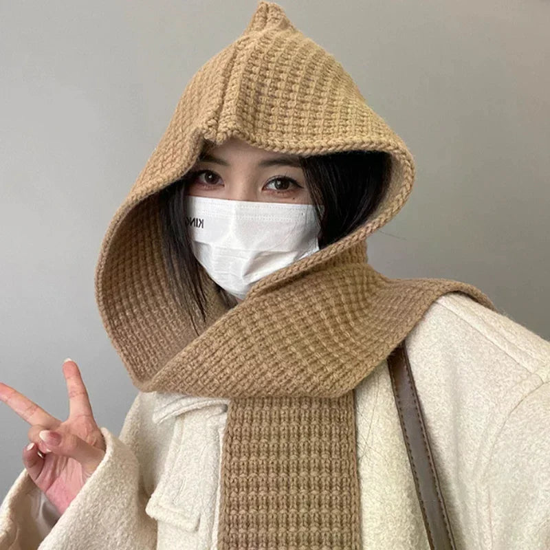 Korean Balaclava Beanie & Neck Scarf – Women's Winter Knit Hat