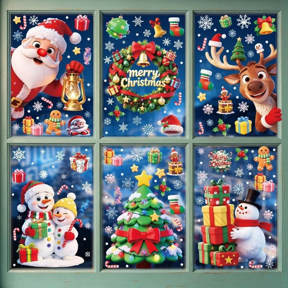 Christmas Window Cling Stickers – Santa Snowman Snowflake 9Pc