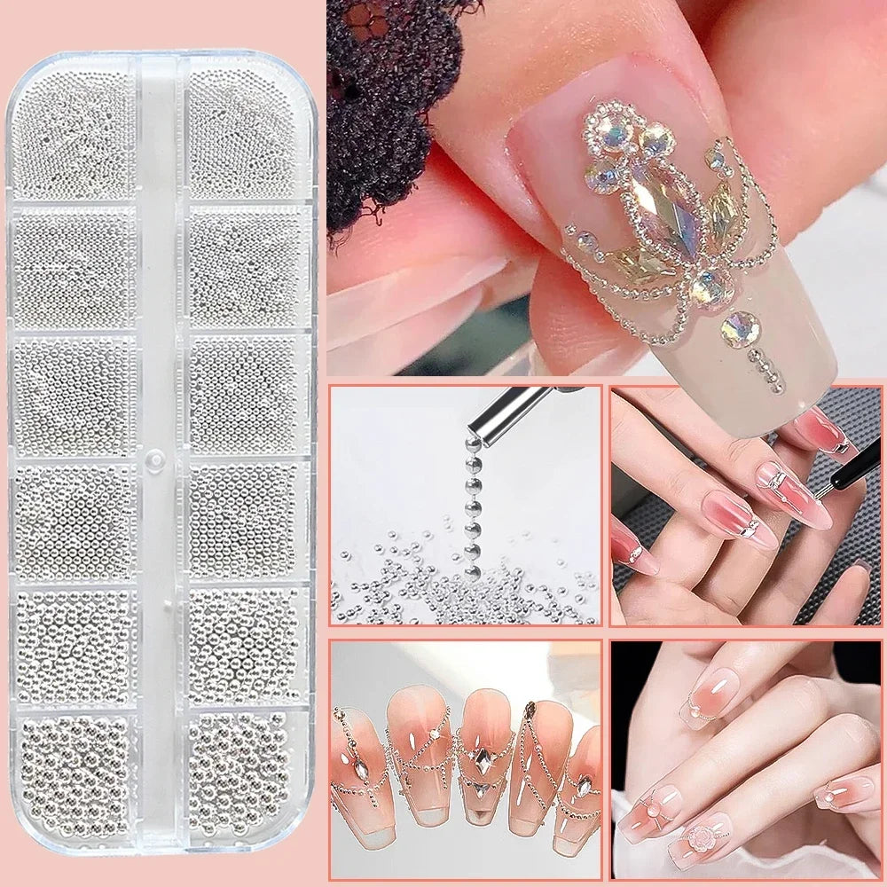 12-Grid Mini Caviar Beads – Gold Silver Micro Ball Nail Art Set