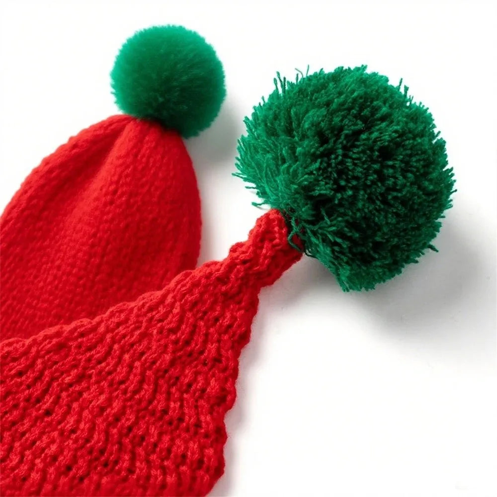 Knitted Christmas Elf Hat – Striped Jacquard Cap with Pom-Pom