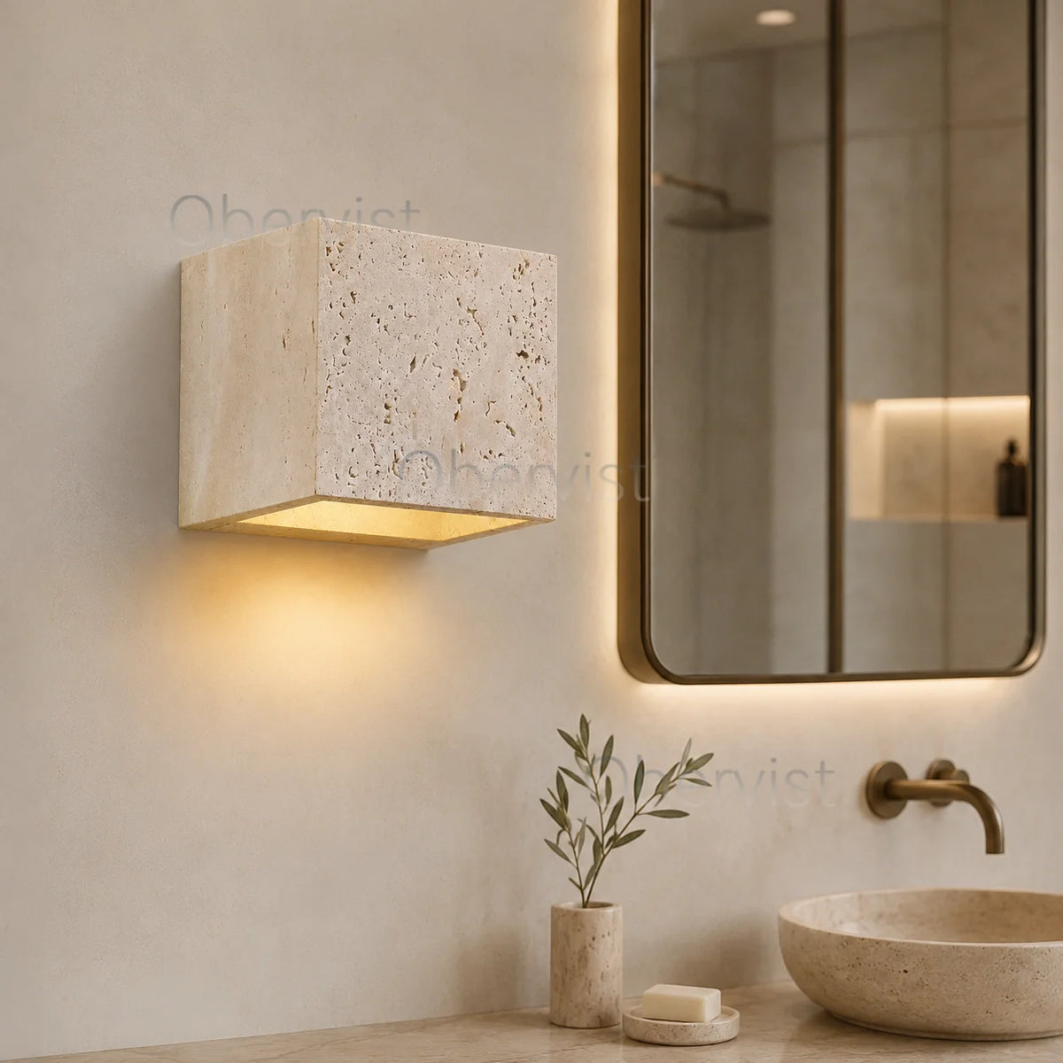 Square Yellow Travertine Outdoor Wall Sconce – IP65 Stone Lamp