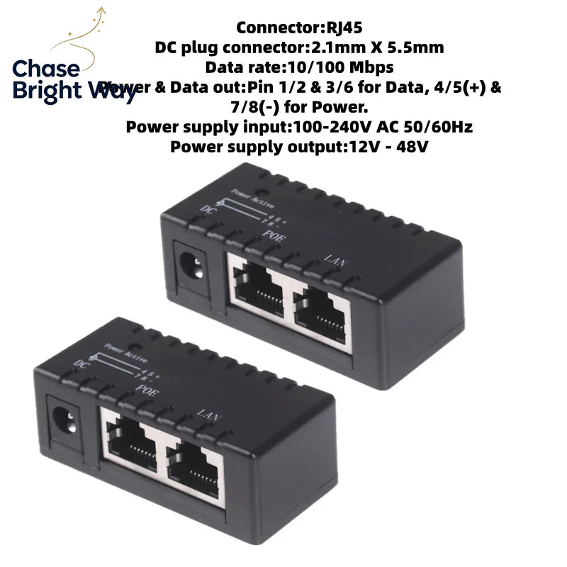 Passive PoE Injector 12V–48V for IP Camera, VoIP & AP