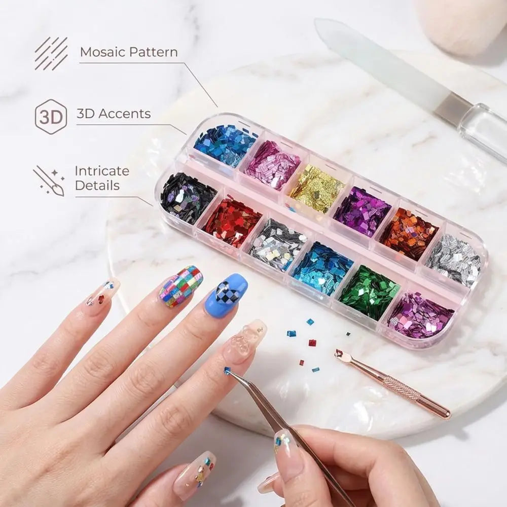 12-Grid Holographic Nail Art Sequins – Laser Glitter Flakes