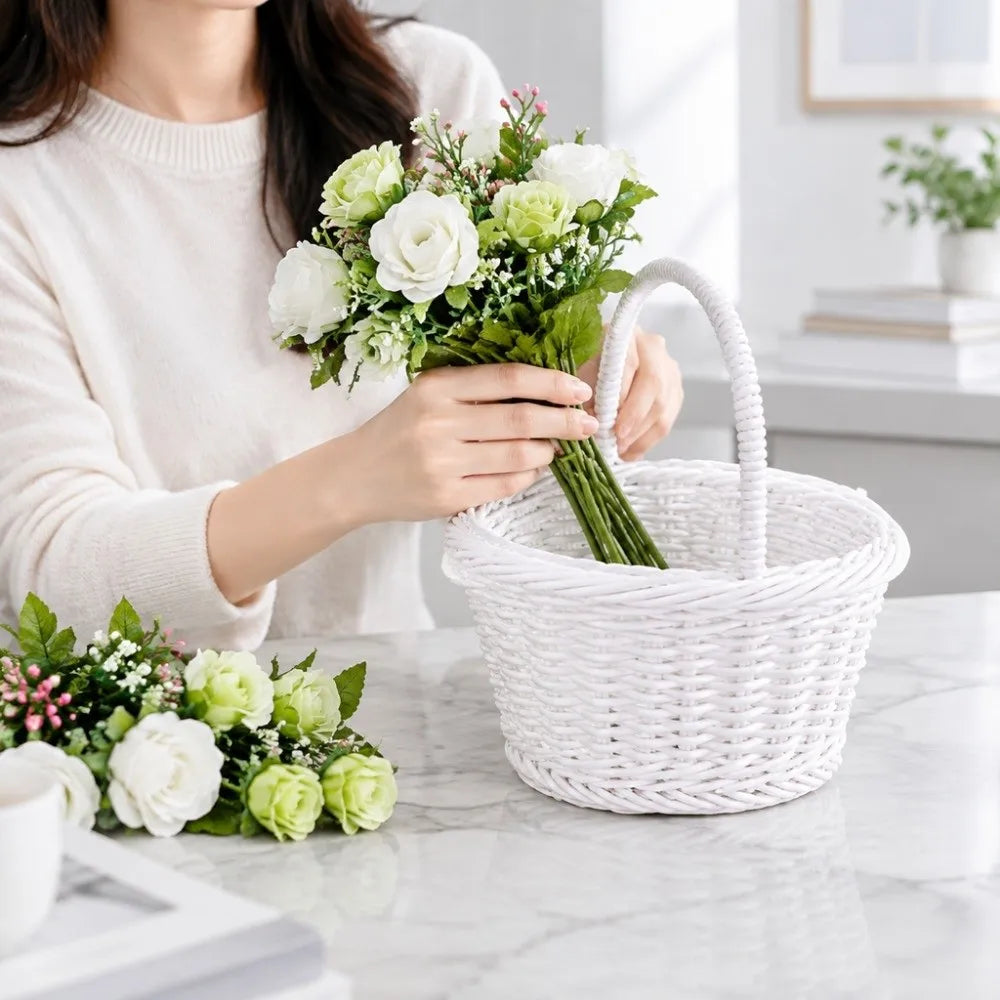 Handwoven Imitation Rattan Flower Basket with Handle – 2 Colors
