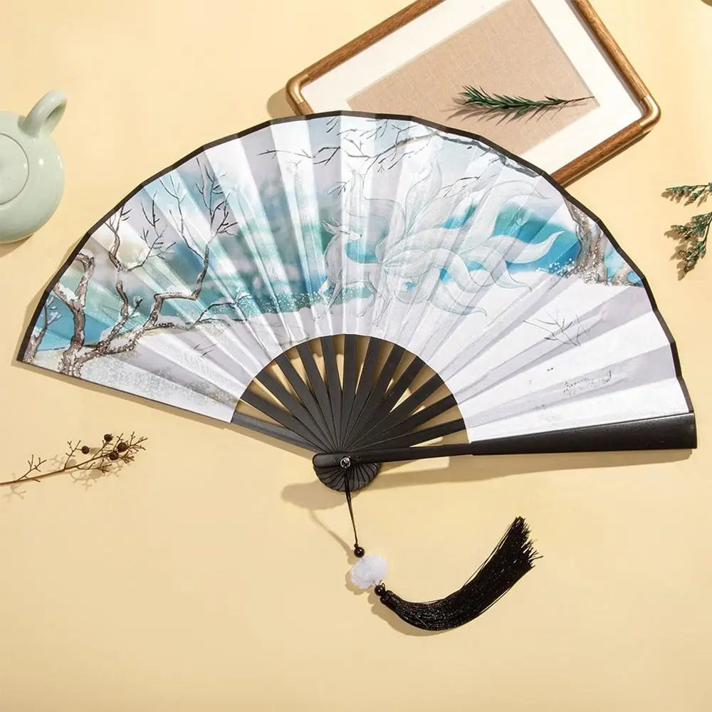 Silk & Bamboo Vintage Folding Hand Fan – Colorful Tassel