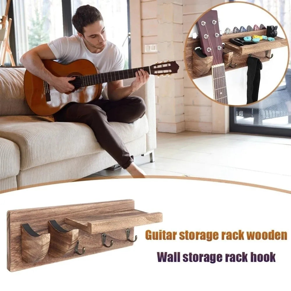 Wooden Guitar Wall Mount Hanger – Pick Holder & 3 Hooks
