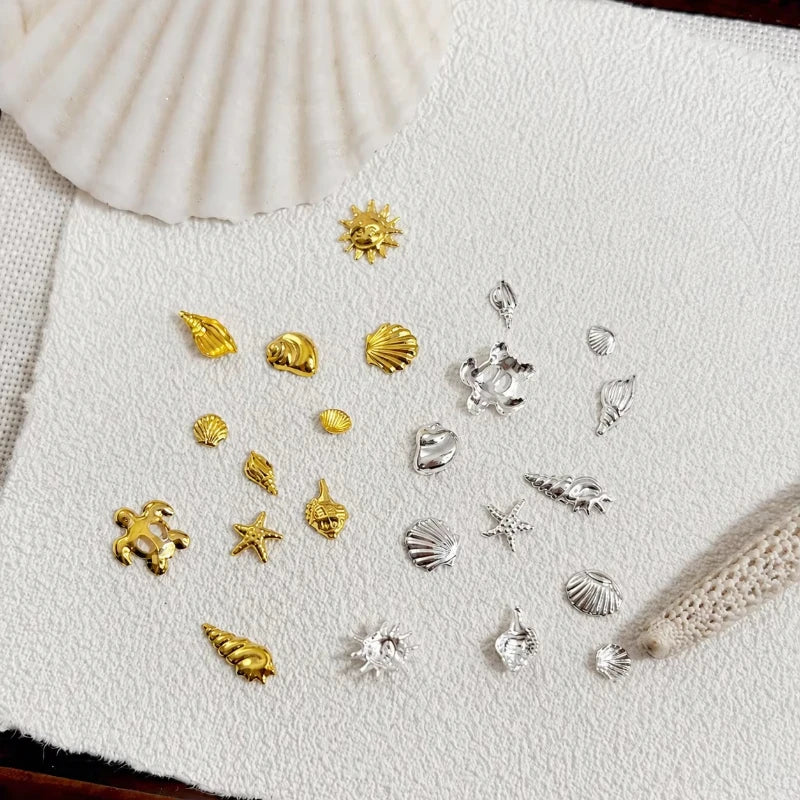 12-Grid Ocean Metal Nail Charms – Shell Starfish Gold & Silver