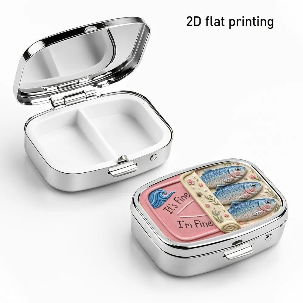 Sardine Print Metal Pill Box – 2-Compartment Mini Travel Case