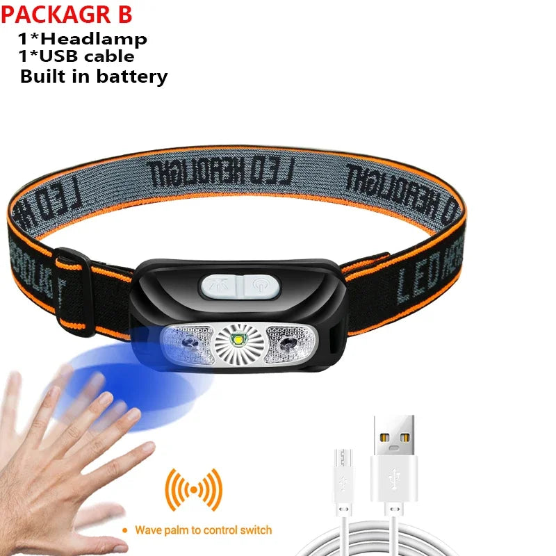 USB Rechargeable LED Headlamp – Motion Sensor, 4 Modes