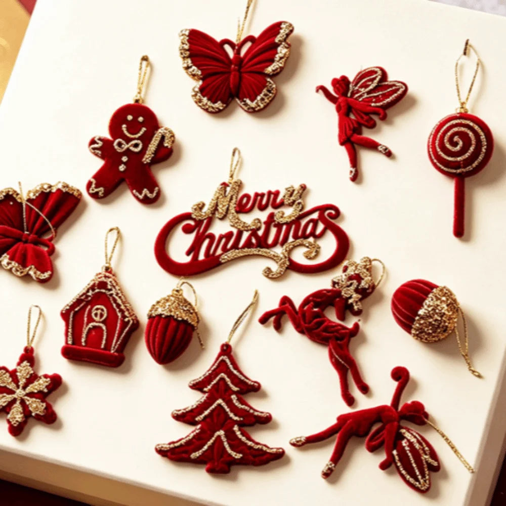 Red Flocked Velvet Christmas Ornaments – Glitter Trim Multi-Shape