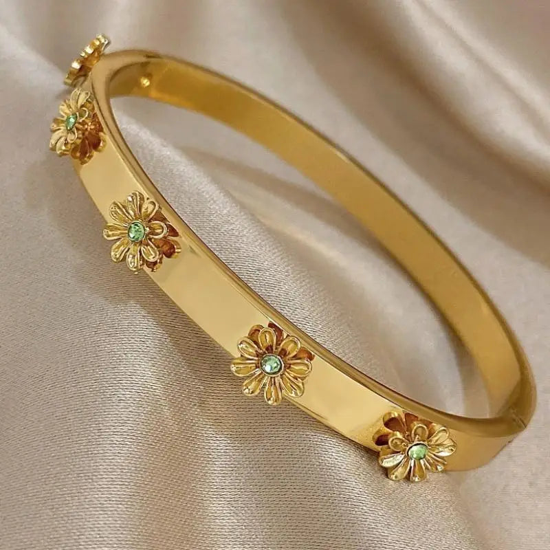 Titanium Steel Flower Rhinestone Cuff Bangle Bracelet for Women