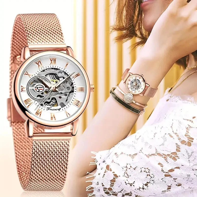 Women's Rose Gold Mechanical Watch – Mesh Band & Roman Dial