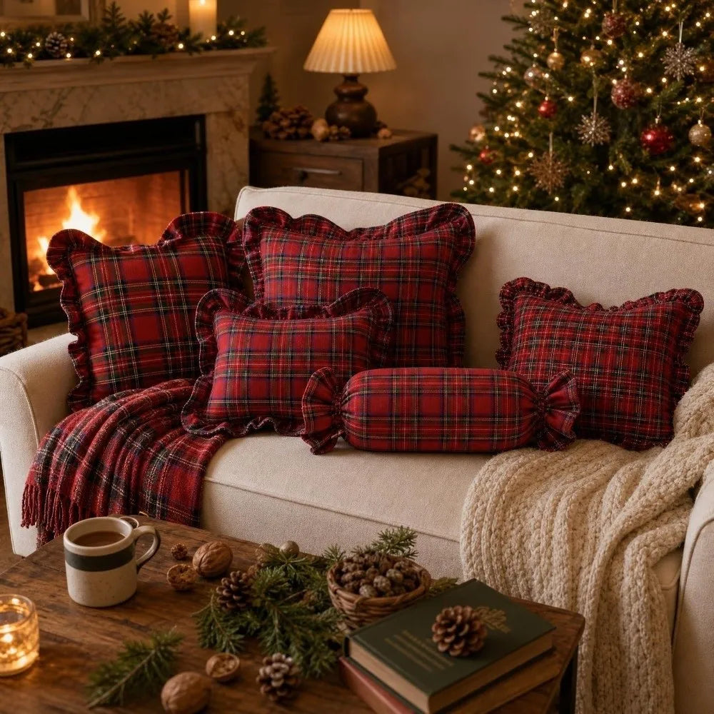 Tartan Plaid Throw Pillow Cover 18x18 Burnt Orange Ruffle Trim