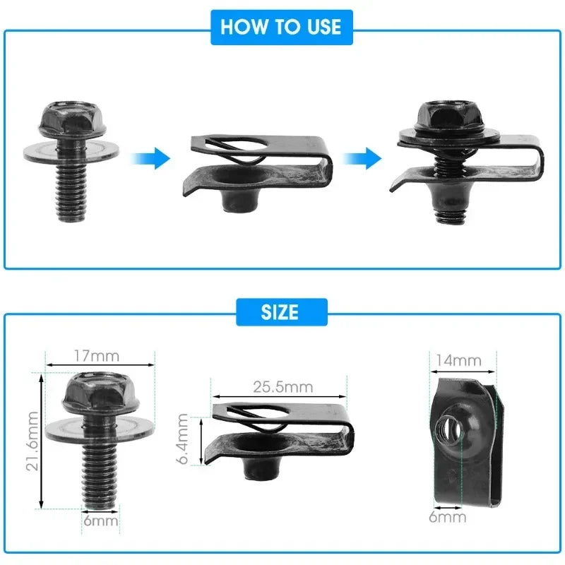 M6 U-Nut Clips & Bolts – Car Fender Liner Fasteners 20pc