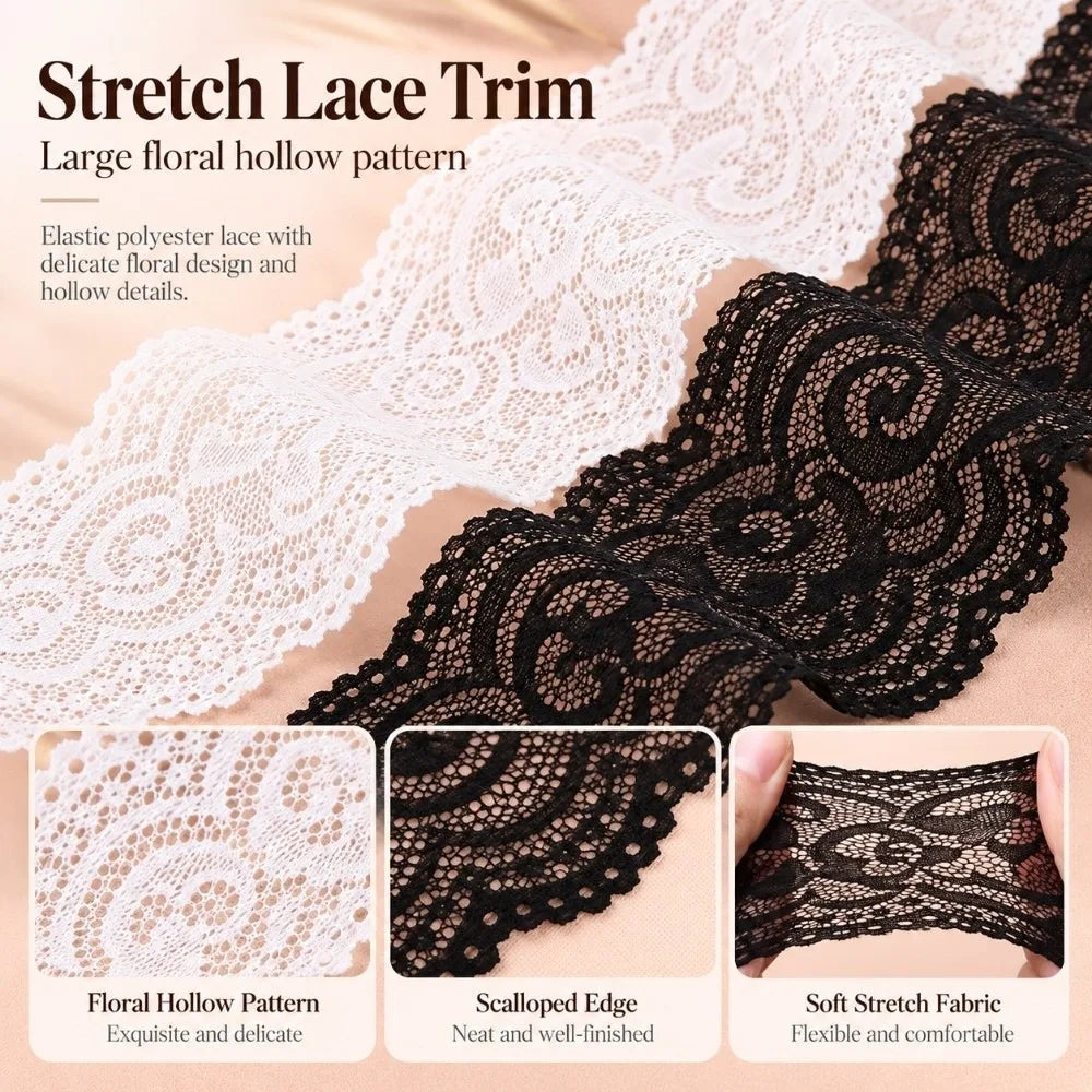 2-Yard Elastic Floral Lace Trim – Hollow Polyester Ribbon Black White