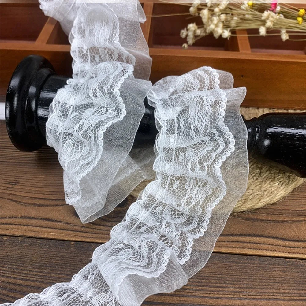 5cm Double-Layer Pleated Lace Trim – White & Black Ruffle Sewing
