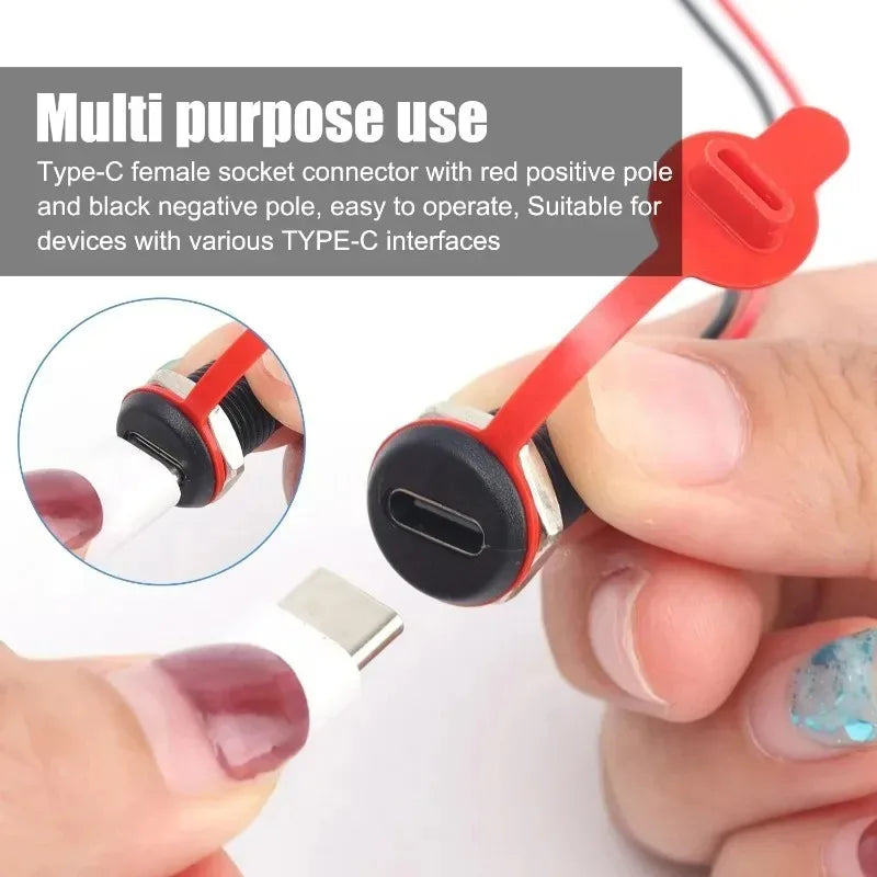 Waterproof Type-C Female Socket USB Connector 2-Pin Chassis Jack