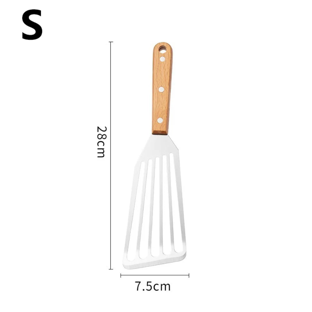 Stainless Steel Slotted Fish Spatula – Wooden Handle BBQ Turner