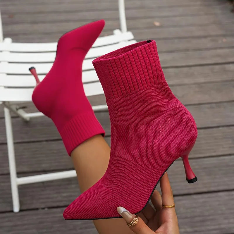 Women's Stretch Chelsea Ankle Boots Pointed Toe High Heel