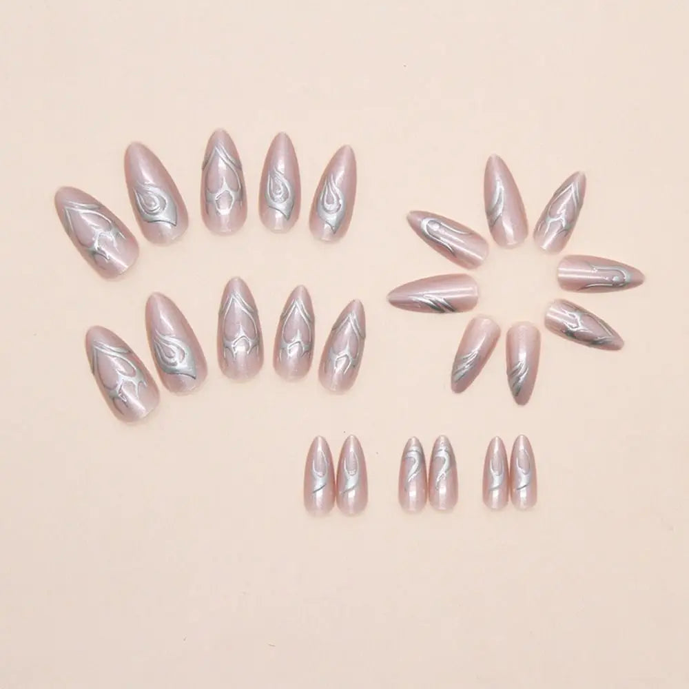 24-Pack Long Almond False Nails – Star Moon Cat Eye French Tips