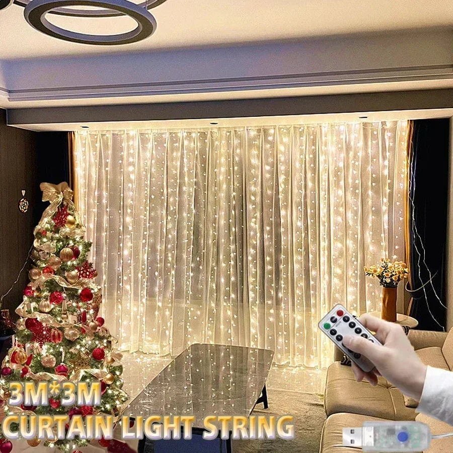 Christmas LED Curtain Fairy Light 3×3M 300 LEDs USB Remote