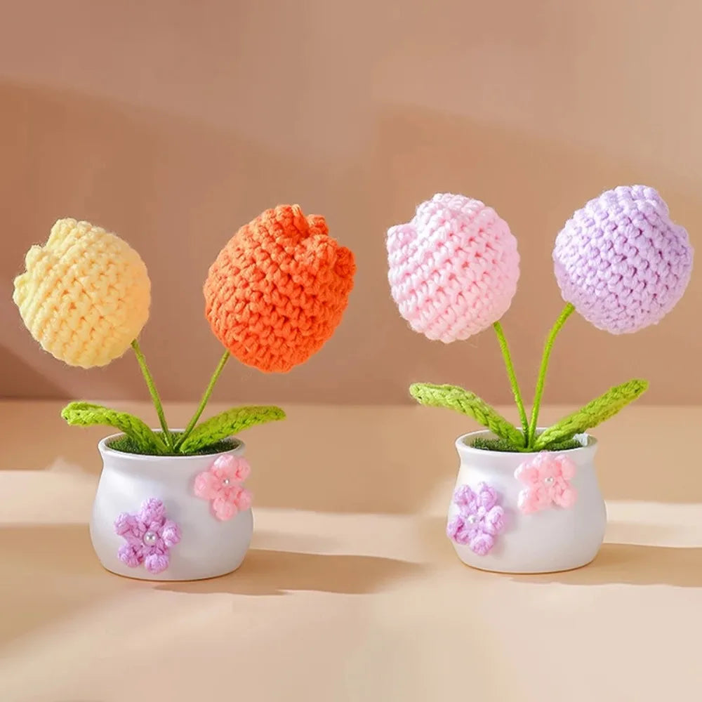 Mini Handmade Crochet Flower Pot – Sunflower & Tulip Décor