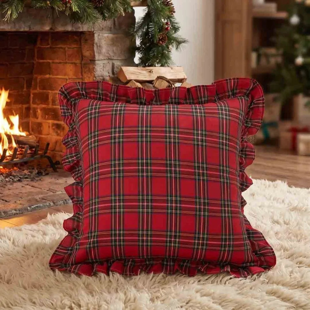Tartan Plaid Throw Pillow Cover 18x18 Burnt Orange Ruffle Trim