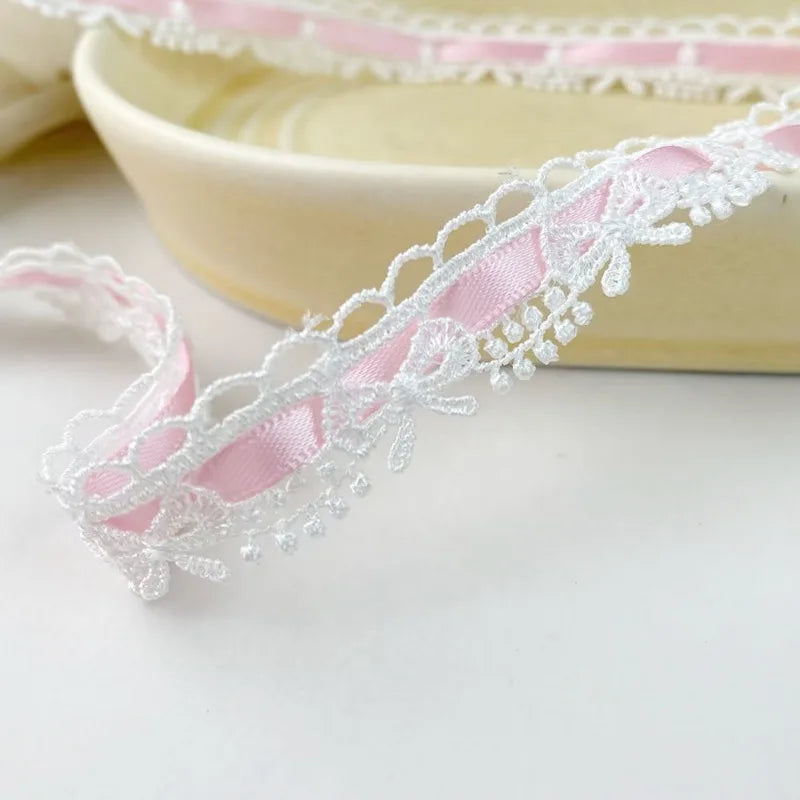 Pink & White Flower Bow Lace Ribbon 1 Yard – 1.8cm DIY Trim