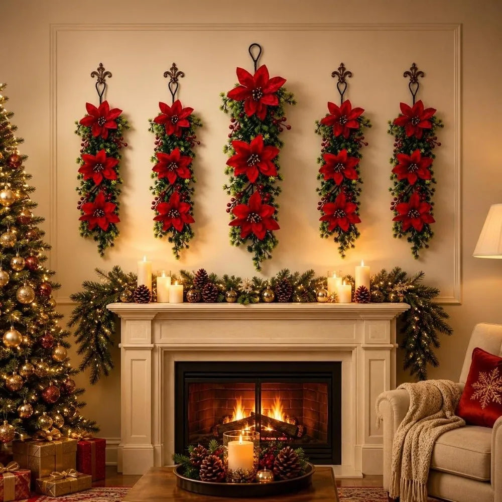 Poinsettia Christmas Swag Garland – Red Berry Pine Wall Decor
