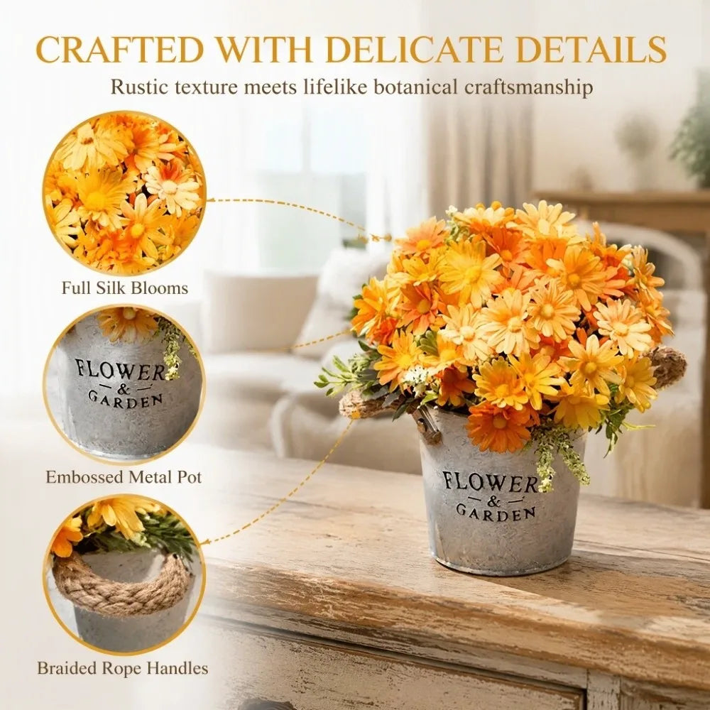 Silk Potted Artificial Daisy Flowers – Orange Fall Home Decor