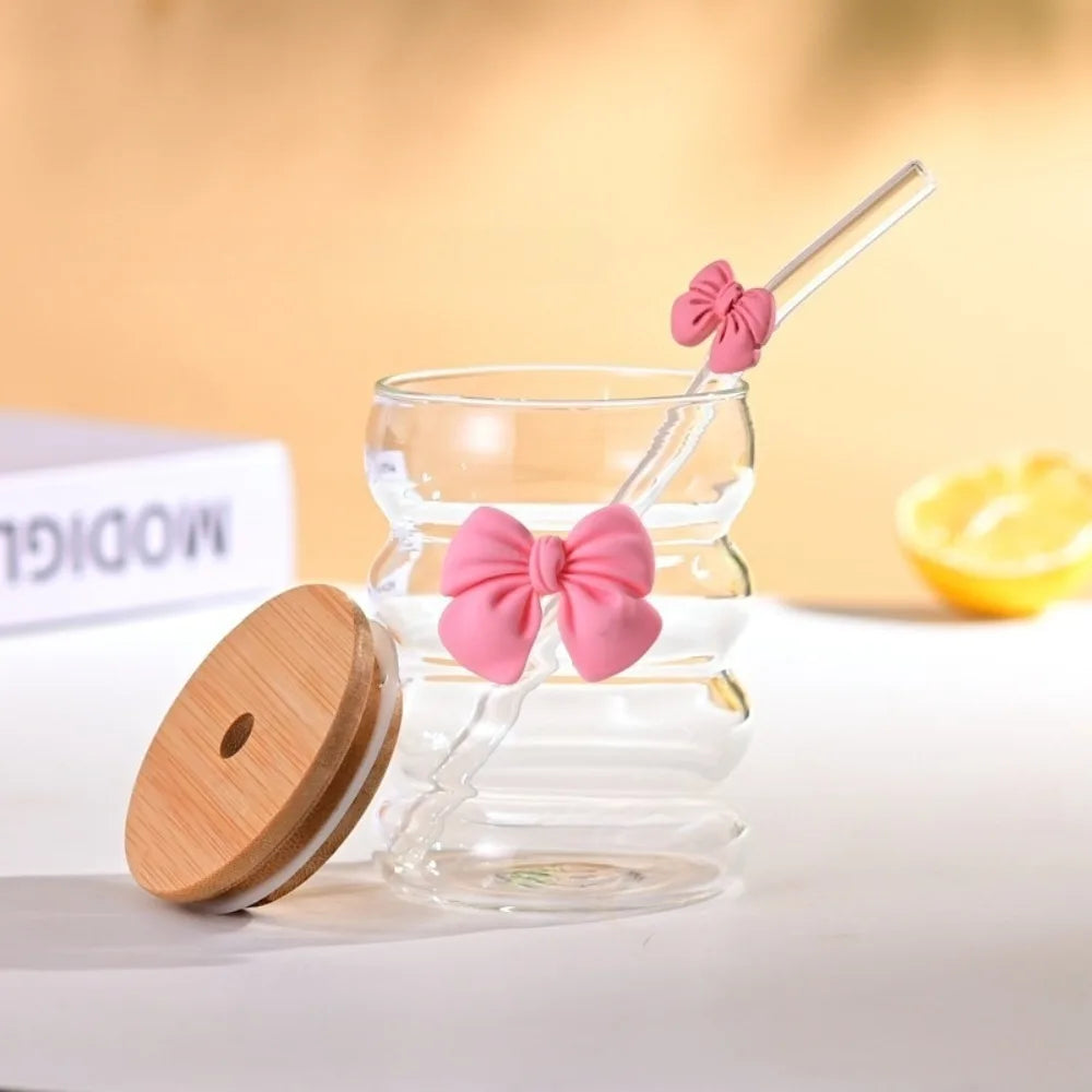 Wave Glass Cup with Wooden Lid, Bowtie Decor & Straw – 350ml