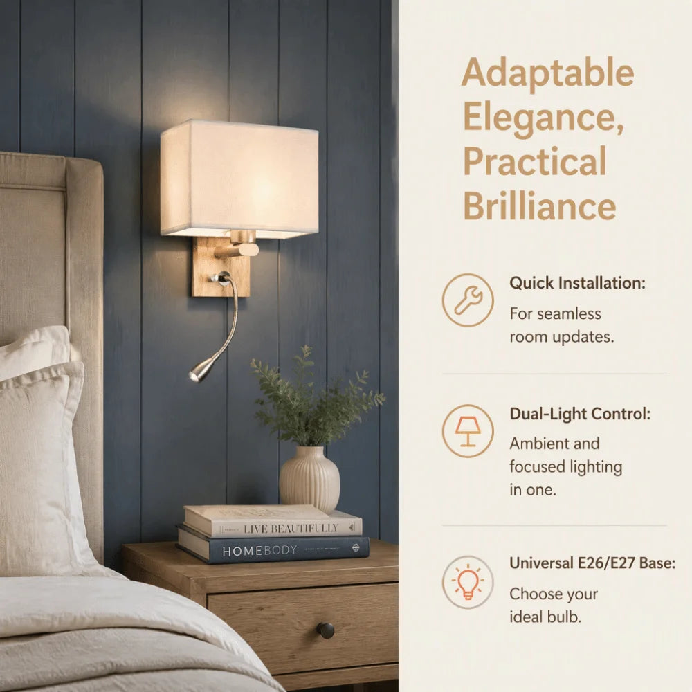 Swing Arm Wall Sconce | E26/E27 LED, Wood Base, Rotary Switch