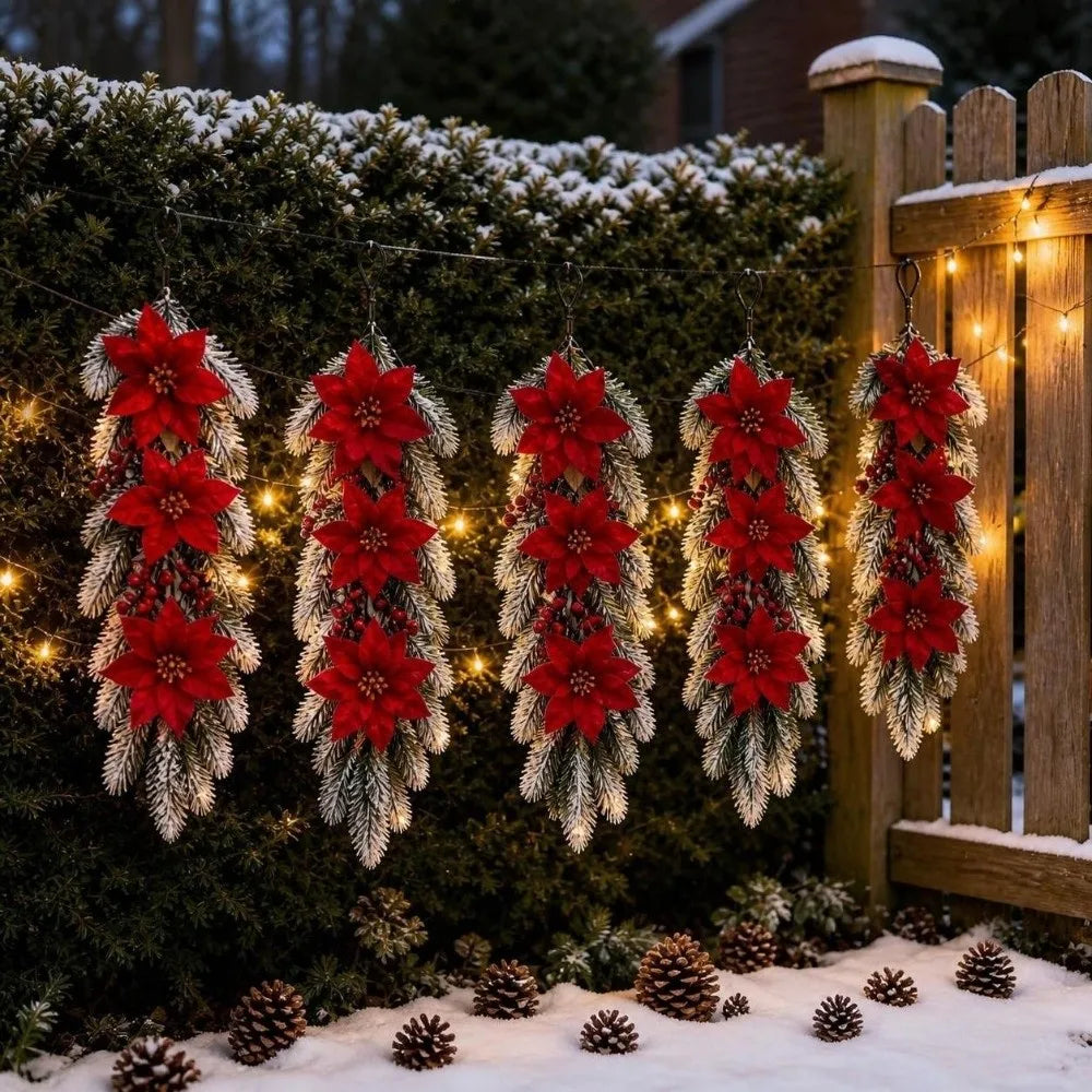 Poinsettia Christmas Swag Garland – Red Berry Pine Wall Decor