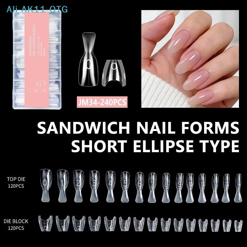 240pcs Sandwich Dual Nail Forms – 15 Oval Sizes Extension Molds