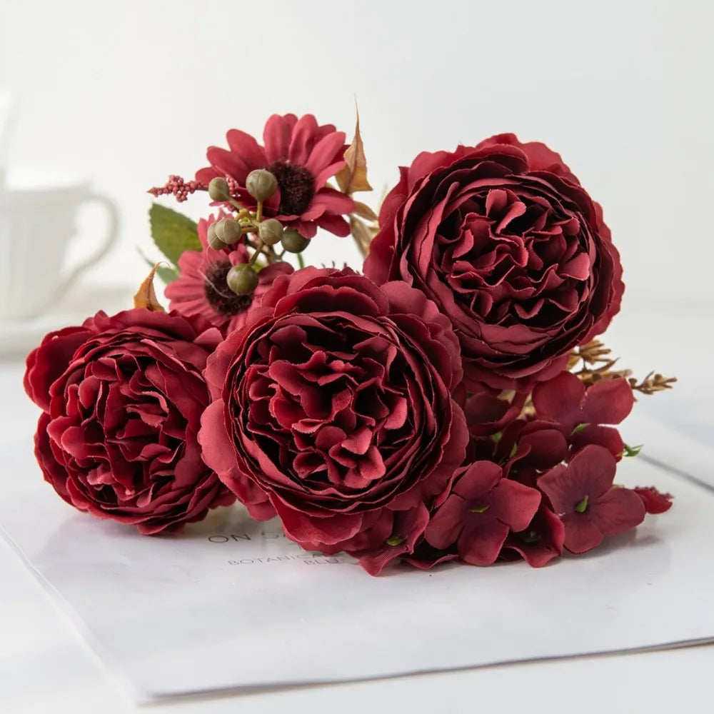 Silk Persian Peony Artificial Bouquet – 5 Heads Fake Flowers