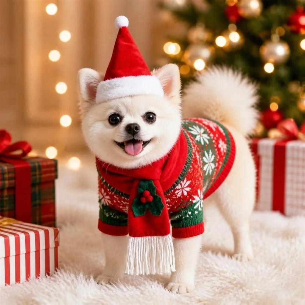 Christmas Dog & Cat Scarf Hat Set – 2-Pc Winter Pet Neck Warmer