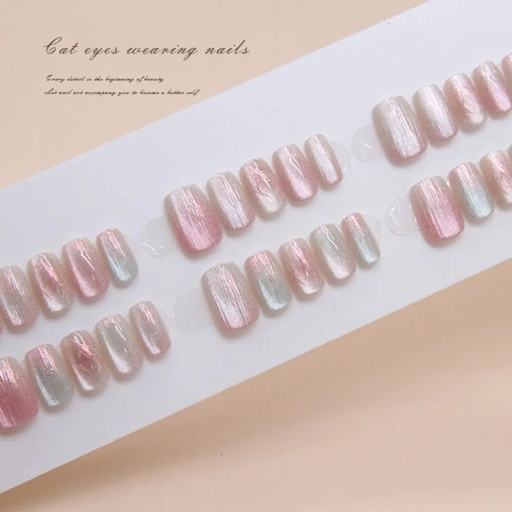 Long Square Cat Eye Press On Nails – French 24pc Set