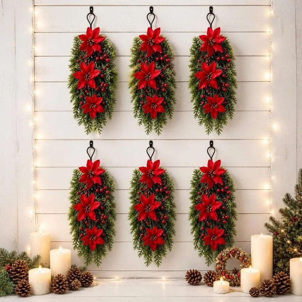 Poinsettia Christmas Swag Garland – Red Berry Pine Wall Decor