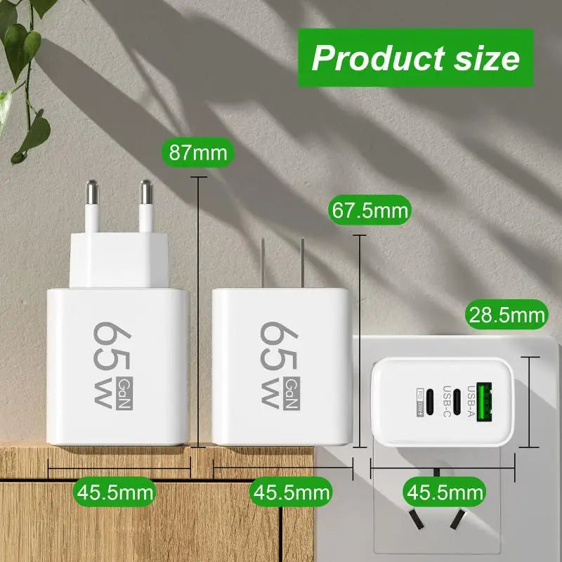 65W GaN 3-Port Fast Wall Charger – Dual USB-C + USB-A EU Plug
