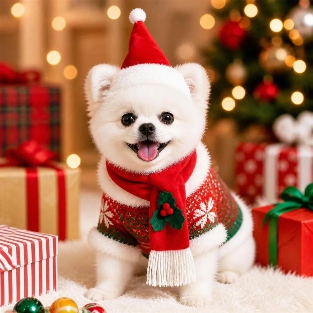 Christmas Dog & Cat Scarf Hat Set – 2-Pc Winter Pet Neck Warmer