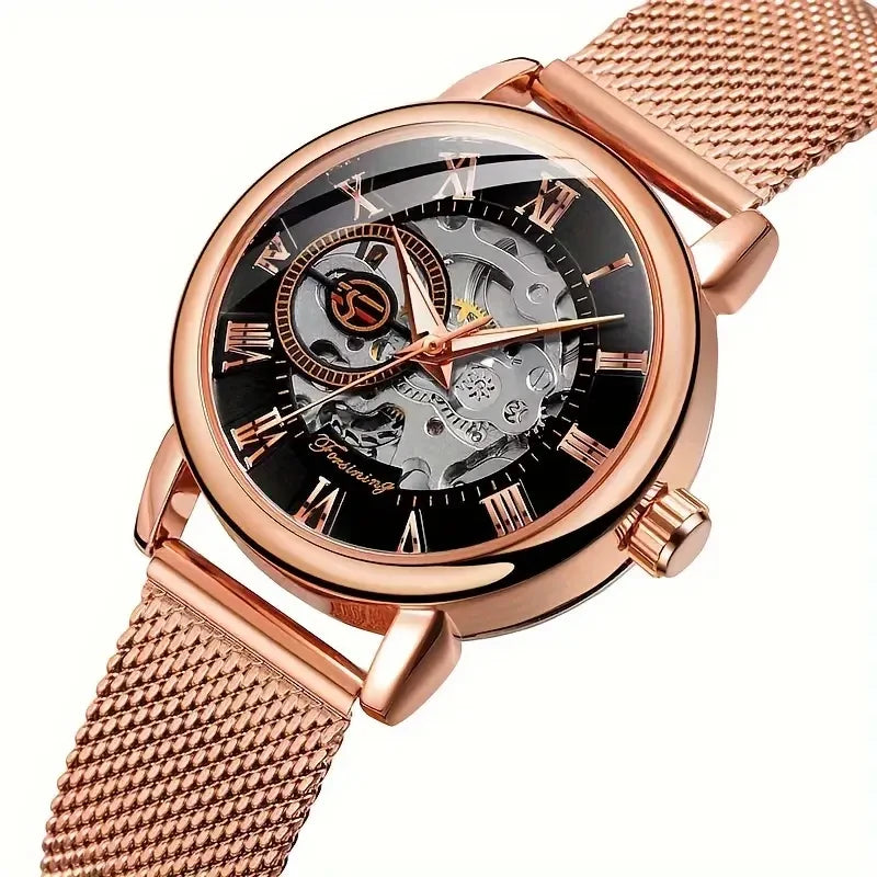 Women's Rose Gold Mechanical Watch – Mesh Band & Roman Dial
