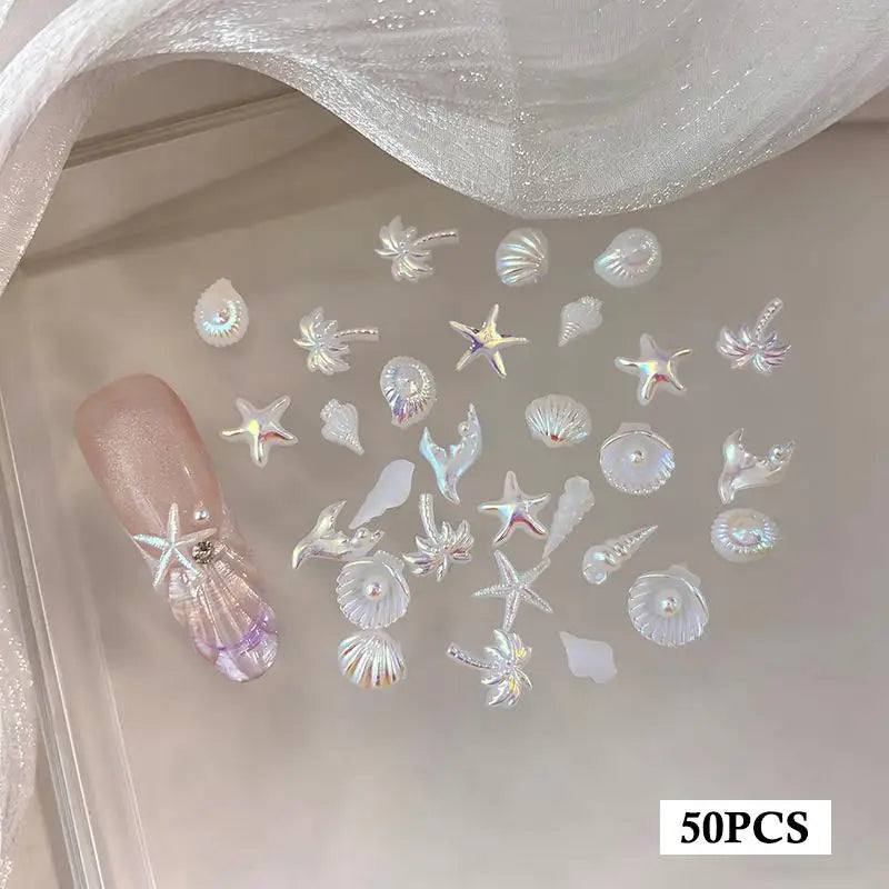 50-Pc Ocean Nail Charms Aurora Shell Starfish Mermaid DIY Set