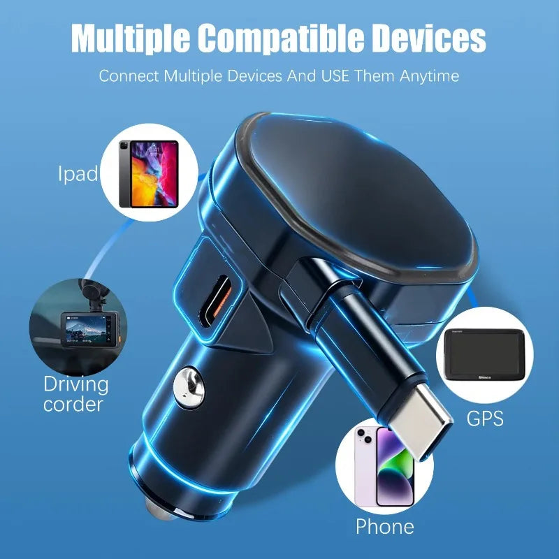 60W USB-C Car Charger with Retractable Cable & Dual Ports