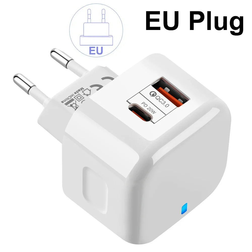 20W USB-C PD & QC 3.0 Dual Port Fast Wall Charger EU/US/UK