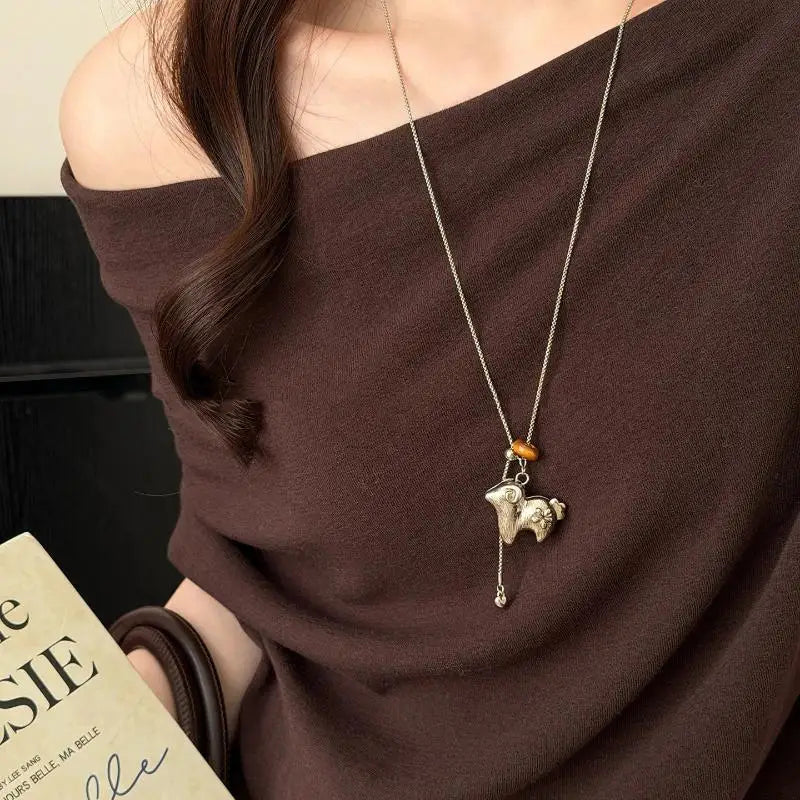 Women's Lamb Lariat Necklace – Tiger's Eye & CZ Pendant