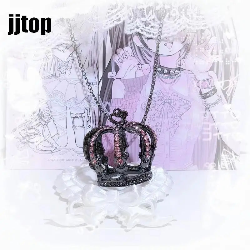 3D Rhinestone Crown Pendant Necklace – Long Sweater Chain