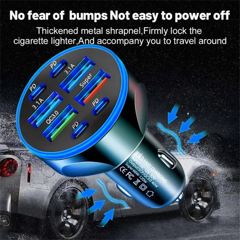 8-in-1 66W Car Charger 4USB+4PD Fast Charging Digital Display