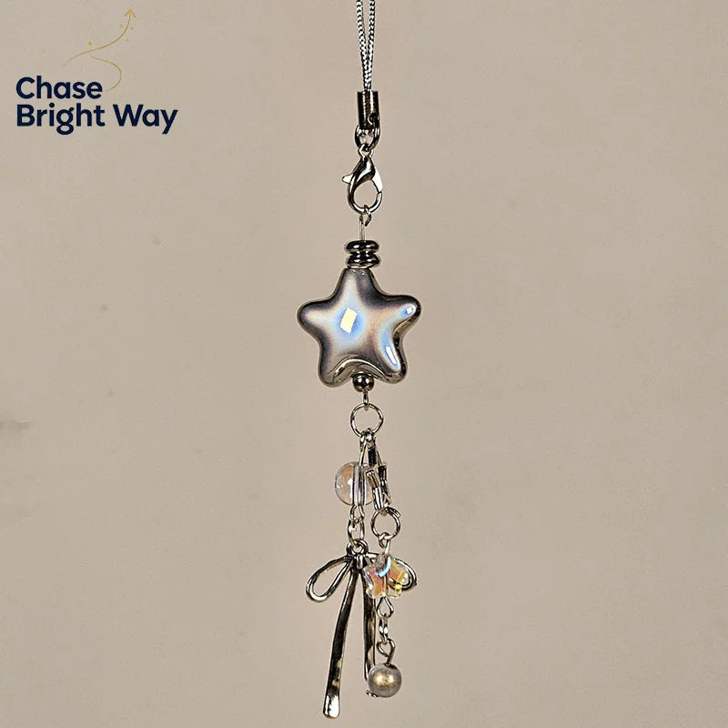 Y2K Metal Star & Bow Phone Charm Lanyard Keychain – Silver